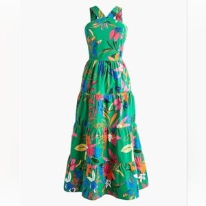 J. Crew Printed Tiered Halter Midi Dress Bright Clover Tropical 00 🌺🏵️
